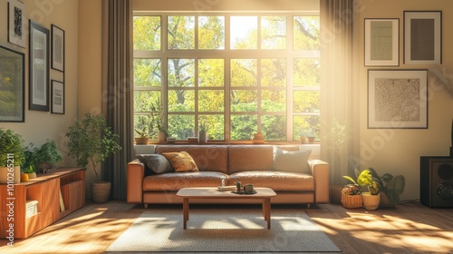 Cozy retro-style living room with a leather sofa  beige walls  and large windows. Warm sunlight  mid-century decor  and earthy tones give a classic look.