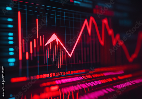 Photo of a red stock market graph with glowing arrows showing trading fluctuation