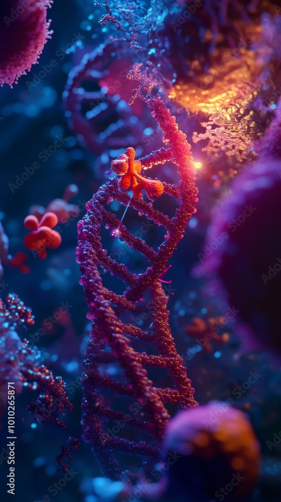 Intricate view of dna strands with vibrant colors and glowing elements Intricate view of dna strands with vibrant colors and glowing elements