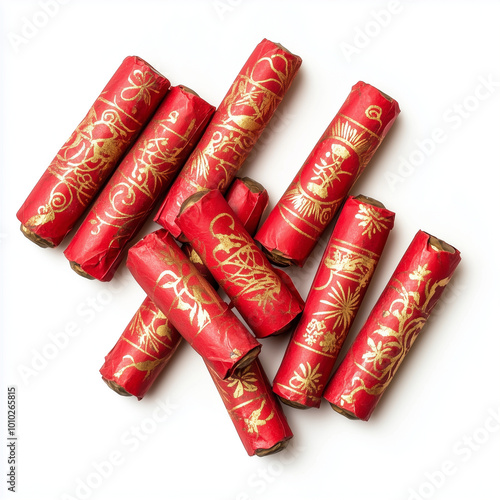 Close-up of red firecrackers with golden designs, isolated on a white background, clean and minimal composition, even lighting 