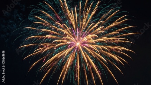 Large cluster of fireworks in yellow, white, purple, and green lighting the night sky