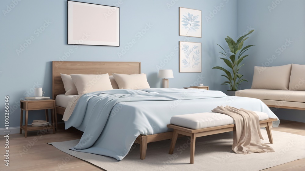 Fototapeta premium A simple bedroom setting with a pastel blue background