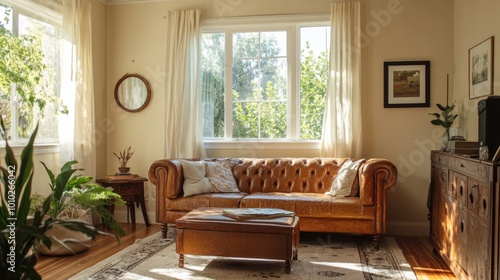 Living room with beige walls, leather sofa, and retro decor. Clear windows letting in soft natural light, creating a warm and inviting vintage-style space.