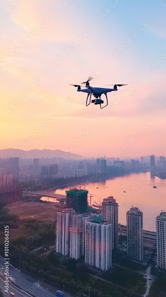 Aerial drone over city skyline at sunset capturing scenic views Aerial drone over city skyline at sunset capturing scenic views