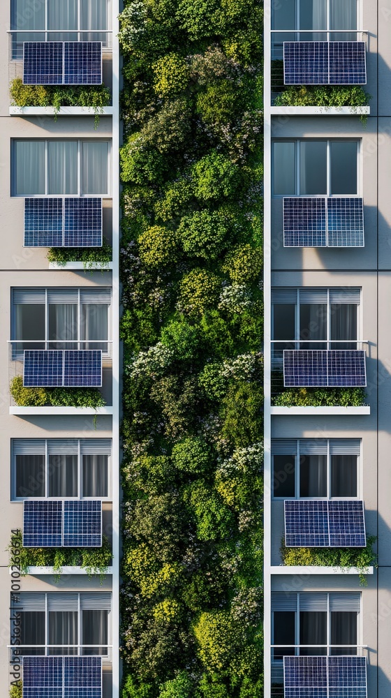 Modern apartment building featuring vertical garden and solar panels on facade Modern apartment building featuring vertical garden and solar panels on facade