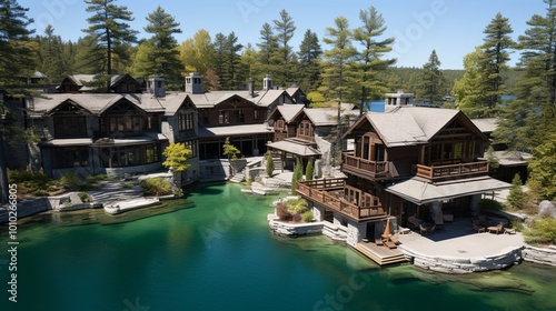 A tranquil waterfront estate featuring a sprawling wooden structure with multiple balconies overlooking a secluded, crystal-clear lake, surrounded by lush evergreen trees.