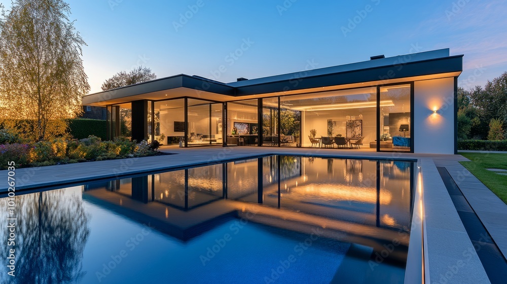 Obraz premium Luxury modern home with illuminated swimming pool at twilight, large clear windows reveal a chic, sophisticated interior. Reflections of light on water.