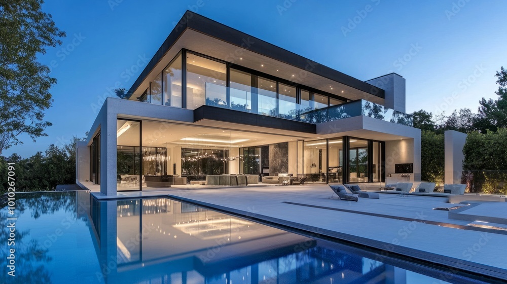 Luxury modern home with illuminated swimming pool at twilight, large clear windows reveal a chic, sophisticated interior. Reflections of light on water. Luxury modern home with illuminated swimming pool at twilight, large clear windows reveal a chic, sophisticated interior. Reflections of light on water.