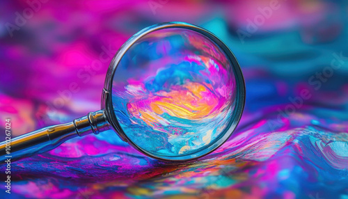 A magnifying glass reveals vibrant, swirling colors in a dynamic abstract pattern, highlighting an interplay of blue, pink, and yellow hues.