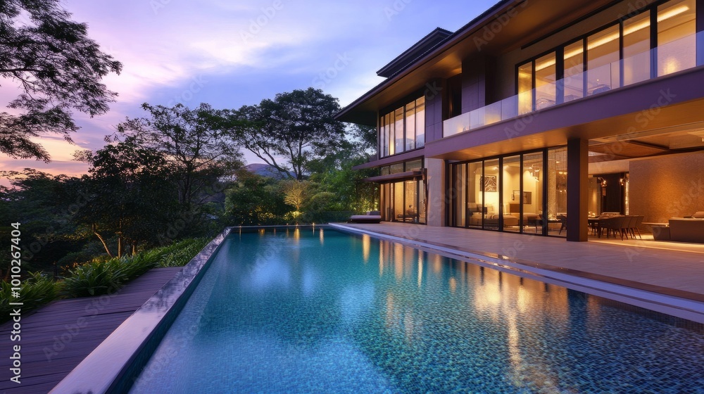 Luxury residence with an elegant swimming pool at dusk, clear windows reveal warmly lit interiors. Modern architectural design and serene poolside vibe. Luxury residence with an elegant swimming pool at dusk, clear windows reveal warmly lit interiors. Modern architectural design and serene poolside vibe.