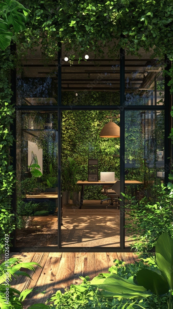Modern office surrounded by lush greenery and abundant indoor plants Modern office surrounded by lush greenery and abundant indoor plants