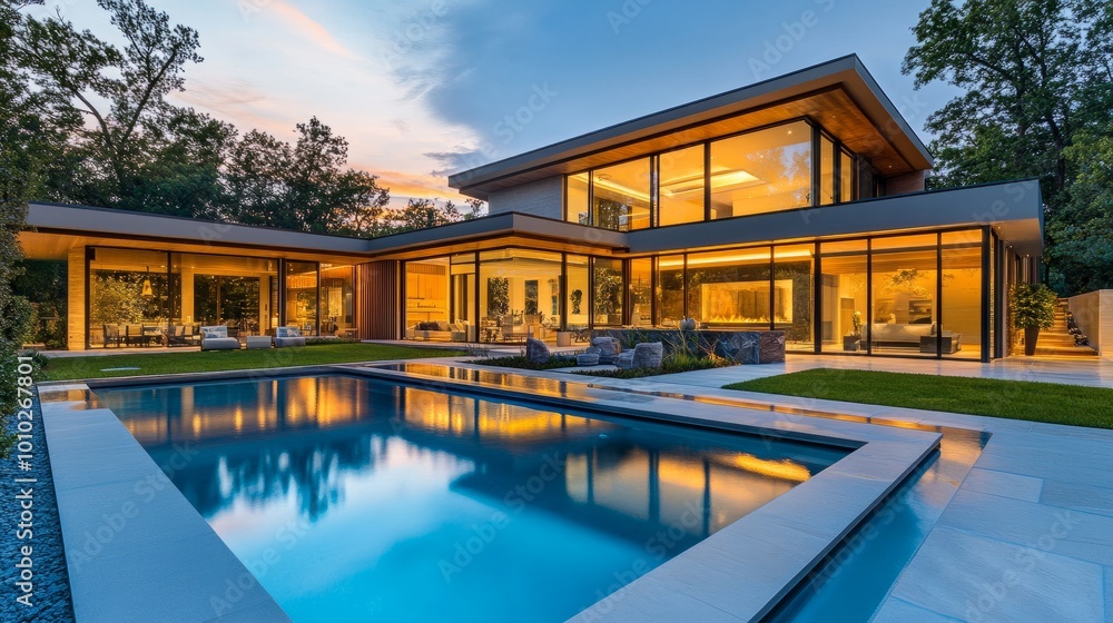 Modern home with private swimming pool, large glowing windows showcasing sophisticated interiors at dusk. Elegant and tranquil outdoor setting. Modern home with private swimming pool, large glowing windows showcasing sophisticated interiors at dusk. Elegant and tranquil outdoor setting.
