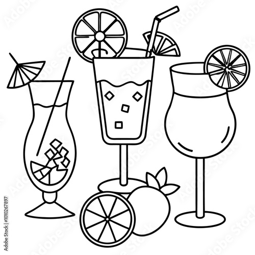 cocktails with citrus fruits outline coloring book page line art drawing