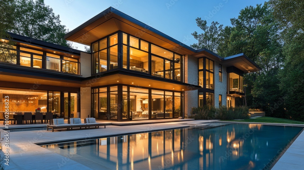 Modern luxury house with pool and wide glass windows at dusk, showcasing an inviting, stylish interior. The pool reflects the glowing lights. Modern luxury house with pool and wide glass windows at dusk, showcasing an inviting, stylish interior. The pool reflects the glowing lights.