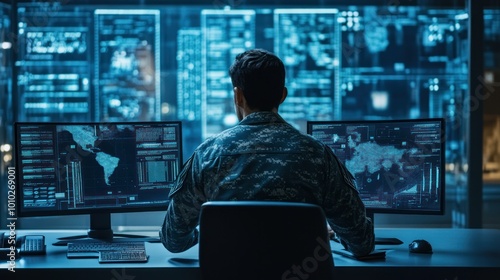 A soldier in camouflage sits at a computer with a world map on the screen.