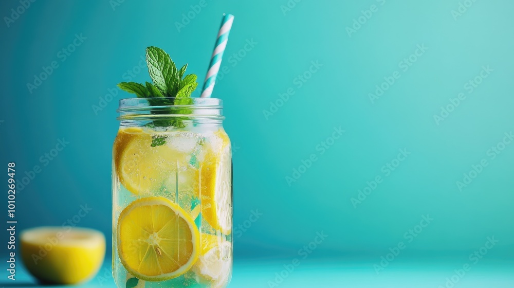 Fototapeta premium Refreshing Lemon and Mint Beverage in a Glass Jar with a Straw