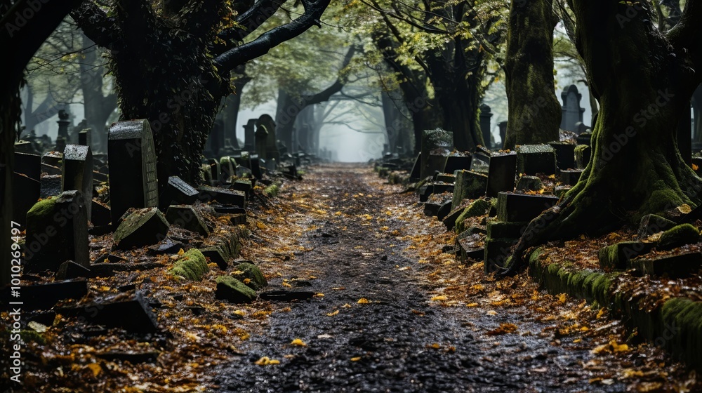 A misty path through a somber graveyard, lined with weathered headstones and shadowed trees, leading to a distant point beyond the veil of fog. A misty path through a somber graveyard, lined with weathered headstones and shadowed trees, leading to a distant point beyond the veil of fog.