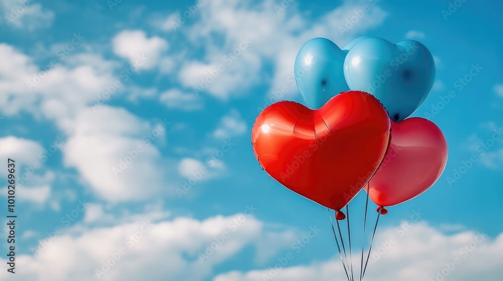 A heart-shaped balloon bouquet floating against a blue sky A heart-shaped balloon bouquet floating against a blue sky