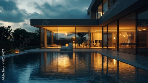 Modern luxury residence with swimming pool at evening  clear windows showcasing stylish interiors. Soft lights glowing  reflecting on pool water.