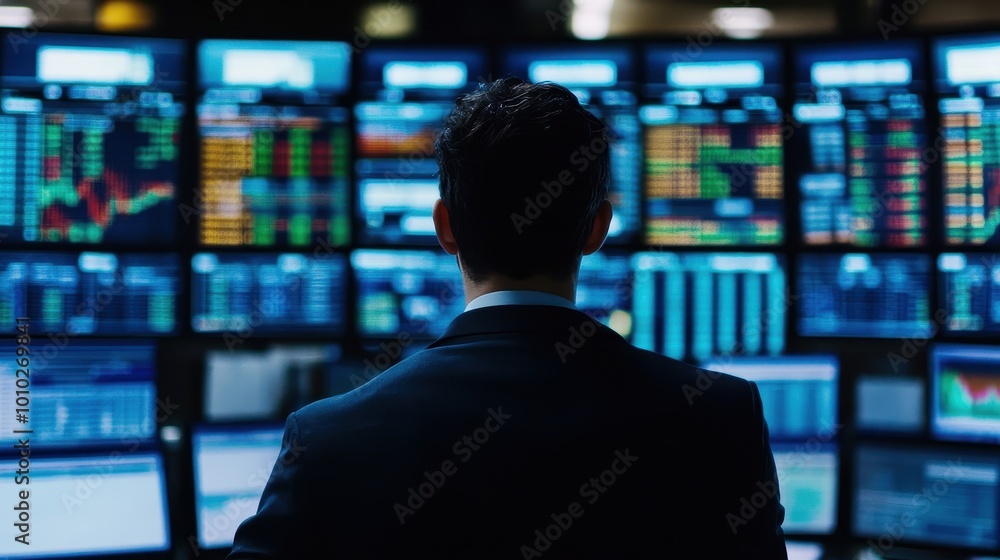 Businessman Analyzing Financial Data on Multiple Computer Screens Businessman Analyzing Financial Data on Multiple Computer Screens