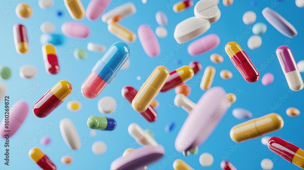 Multi-colored pills and capsules of drugs flying in all directions Multi-colored pills and capsules of drugs flying in all directions