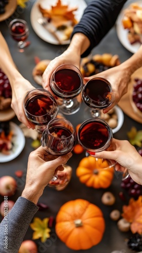 Friends celebrate thanksgiving with a toast of red wine and autumn decor