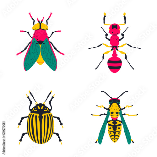 Cute colorful insects. Fly, ant, wasp, Colorado potato beetle. Vector illustration set of icons.