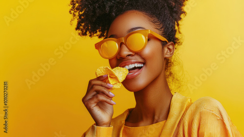 A black glamorous young woman in yellow sunglasses and a big shock of wavy hair is eating crispy potato chips. She is happy and enjoying her delicious snack. Junk food