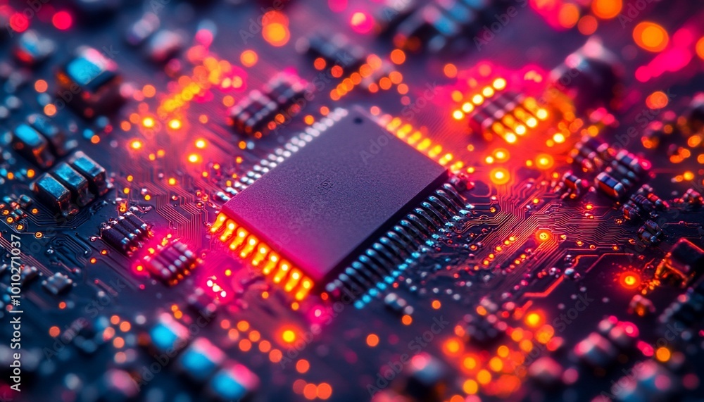 Close-up of a computer chip on a circuit board with glowing lights. Close-up of a computer chip on a circuit board with glowing lights.