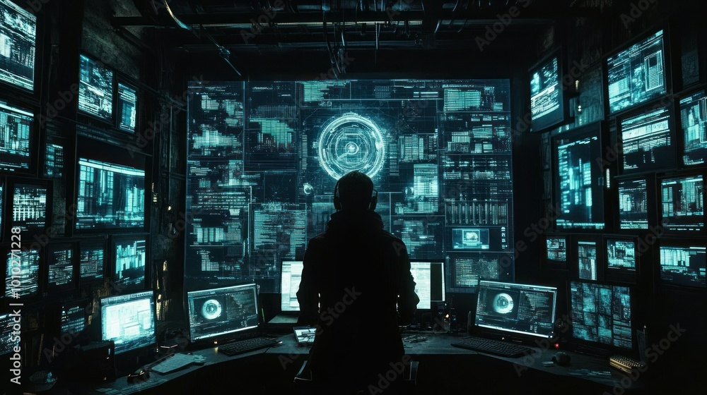 Silhouette of a Hacker Working in a Dark Room with Multiple Monitors Displaying Code and Data Silhouette of a Hacker Working in a Dark Room with Multiple Monitors Displaying Code and Data