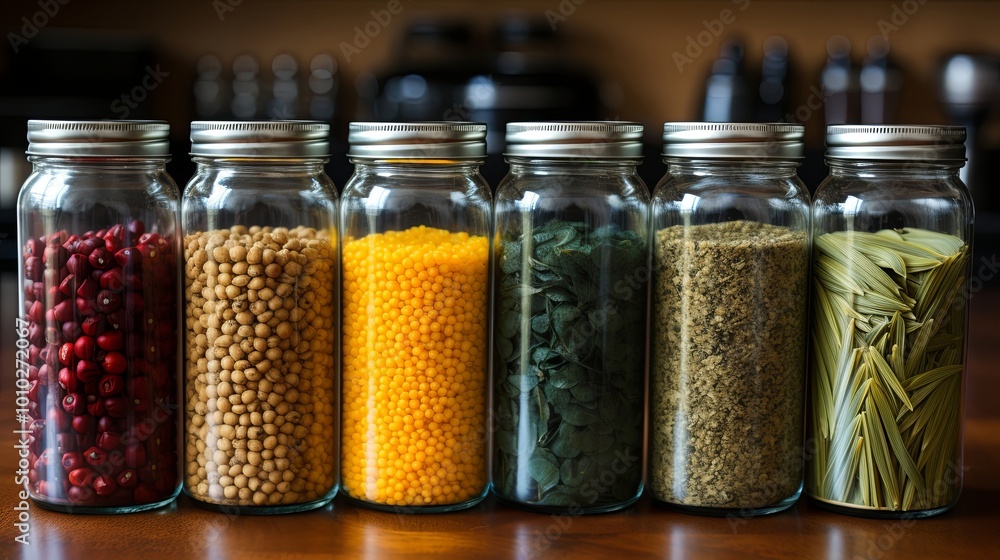 A row of six glass jars with silver lids, each filled with different dried ingredients, arranged on a wood surface. A row of six glass jars with silver lids, each filled with different dried ingredients, arranged on a wood surface.
