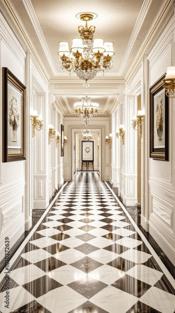 Luxurious hotel corridor with elegant lighting and checkered marble floor Luxurious hotel corridor with elegant lighting and checkered marble floor