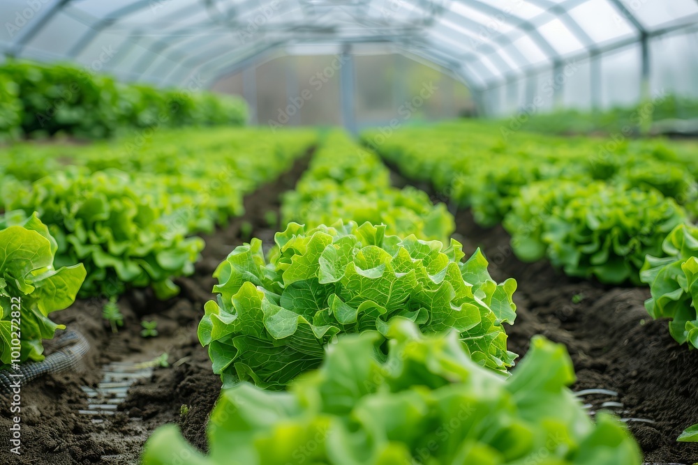 Greenhouse with rows of lettuce growing inside, surrounded by garden beds and greenery, featuring a metal frame and white plastic cover, with an open door leading to the farm field outside. Greenhouse with rows of lettuce growing inside, surrounded by garden beds and greenery, featuring a metal frame and white plastic cover, with an open door leading to the farm field outside.