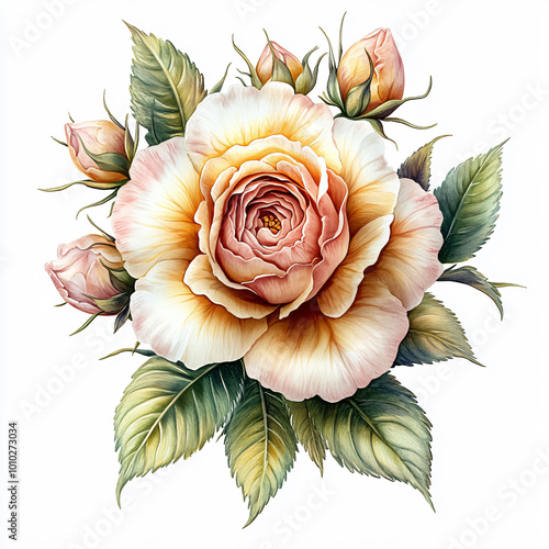 Clipart watercolor painting of flower, symmetrical pattern, botanical print on white background, vintage style.[QW-0033]