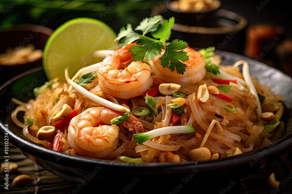 Close-up of a bowl of pad thai with shrimp, peanuts, and cilantro Close-up of a bowl of pad thai with shrimp, peanuts, and cilantro