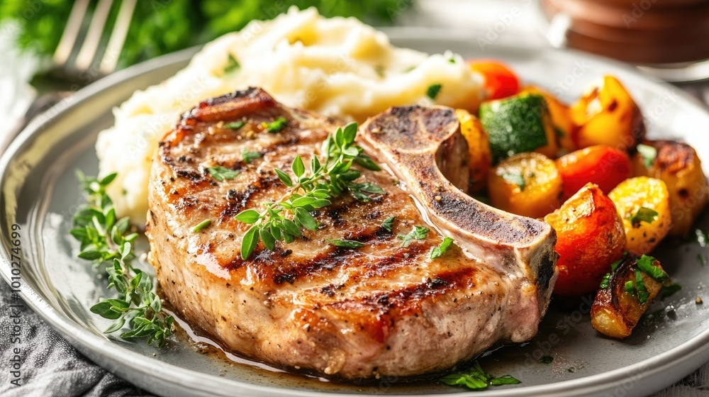 A beautifully plated dish of grilled pork chops garnished with fresh herbs and served alongside roasted vegetables and mashed potatoes. A beautifully plated dish of grilled pork chops garnished with fresh herbs and served alongside roasted vegetables and mashed potatoes.