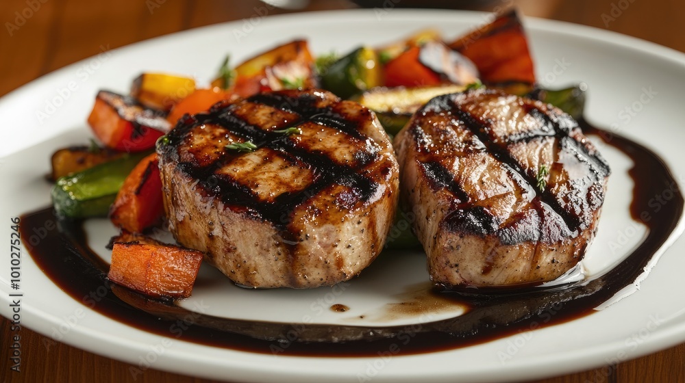 A beautifully presented plate of grilled pork medallions, topped with a balsamic glaze and served with roasted vegetables A beautifully presented plate of grilled pork medallions, topped with a balsamic glaze and served with roasted vegetables