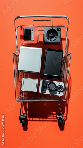 Shopping cart filled with various electronic devices on orange background photo