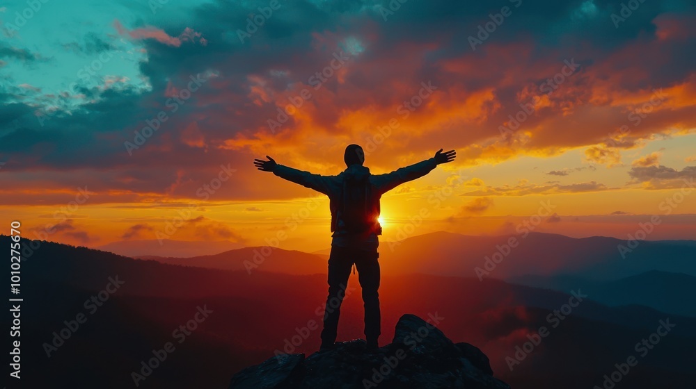 Silhouette of a person with arms outstretched towards the sky, standing on a mountain peak at sunrise, symbolizing freedom. Silhouette of a person with arms outstretched towards the sky, standing on a mountain peak at sunrise, symbolizing freedom.