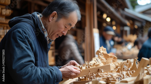 Hida Takayama Craft Festival in Japan, local artists carve wood at traditional booths, Takayama's signature wood crafts are displayed in exquisite detail, Ai generated images photo