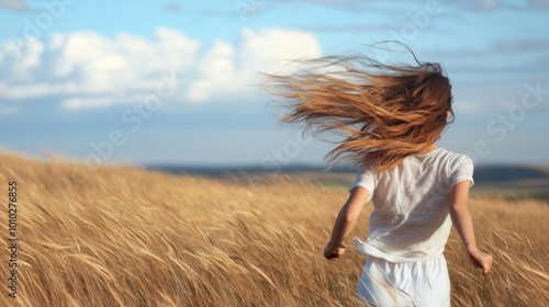 Woman with wind in her hair, running through an open field or along a beach, representing freedom and independence.