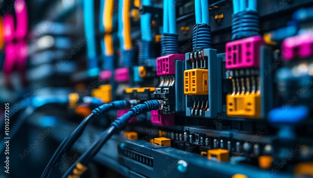Naklejka premium Close-up of colorful network cables connected to a server rack in a data center.