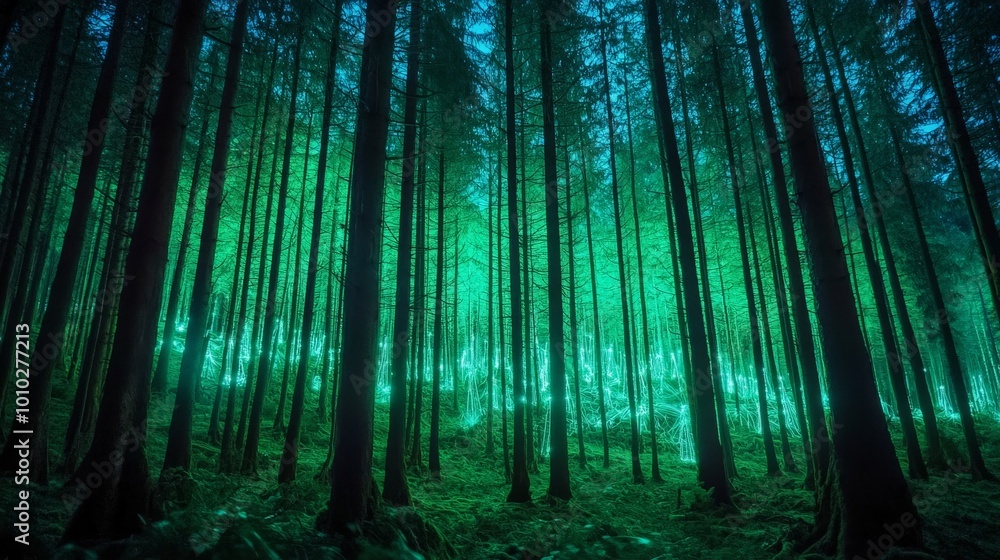 Obraz premium A green business workshop held in an enchanted forest filled with glowing trees