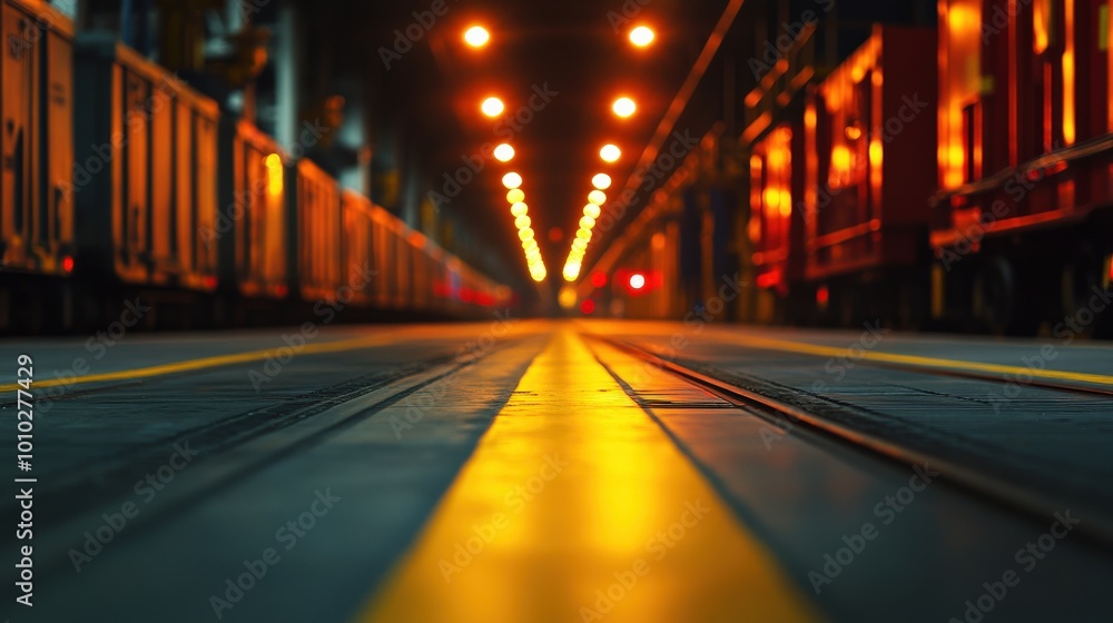 Train tracks leading into an illuminated warehouse, creating a dynamic nighttime scene. Train tracks leading into an illuminated warehouse, creating a dynamic nighttime scene.
