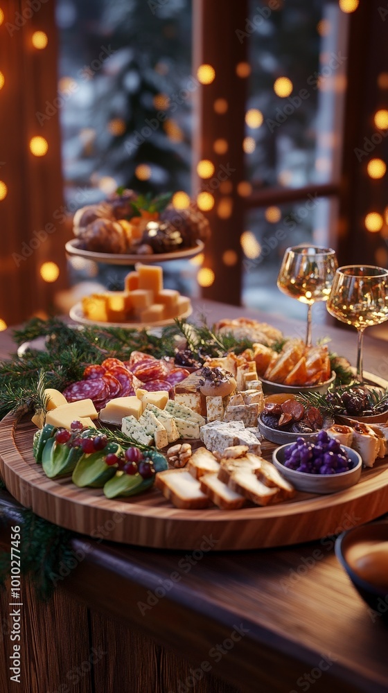 Festive holiday cheese platter with wine and appetizers in cozy setting Festive holiday cheese platter with wine and appetizers in cozy setting
