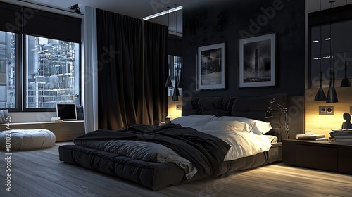 Modern black and white bedroom interior design with bed, window, curtains, and lamps