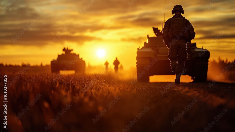 Soldiers walking with tanks during sunset, dramatic sky, silhouettes. Soldiers walking with tanks during sunset, dramatic sky, silhouettes.