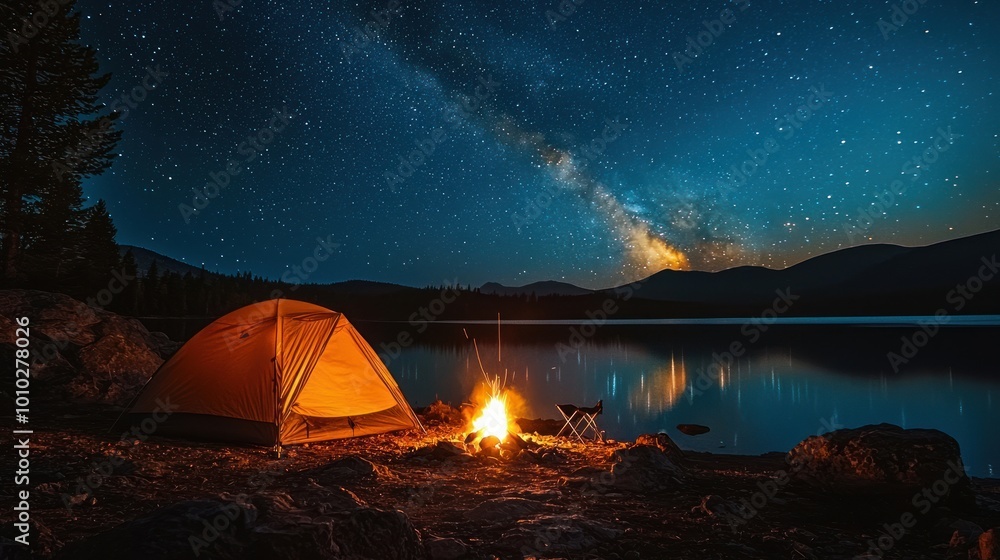 Tent pitched by a campfire near a lake, with a clear night sky full of stars, symbolizing freedom in the wilderness. Tent pitched by a campfire near a lake, with a clear night sky full of stars, symbolizing freedom in the wilderness.
