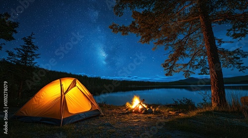 Tent pitched by a campfire near a lake, with a clear night sky full of stars, symbolizing freedom in the wilderness.