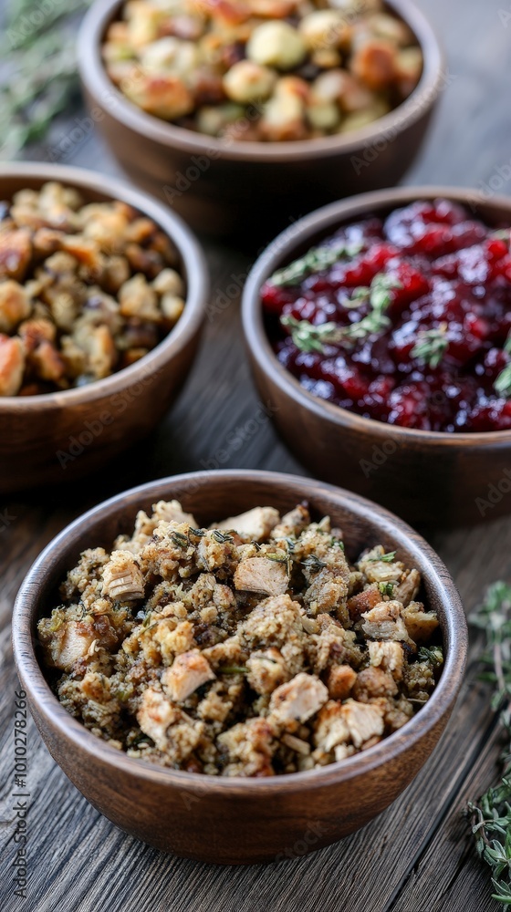 Bowls of thanksgiving sides including stuffing and cranberry sauce on table Bowls of thanksgiving sides including stuffing and cranberry sauce on table